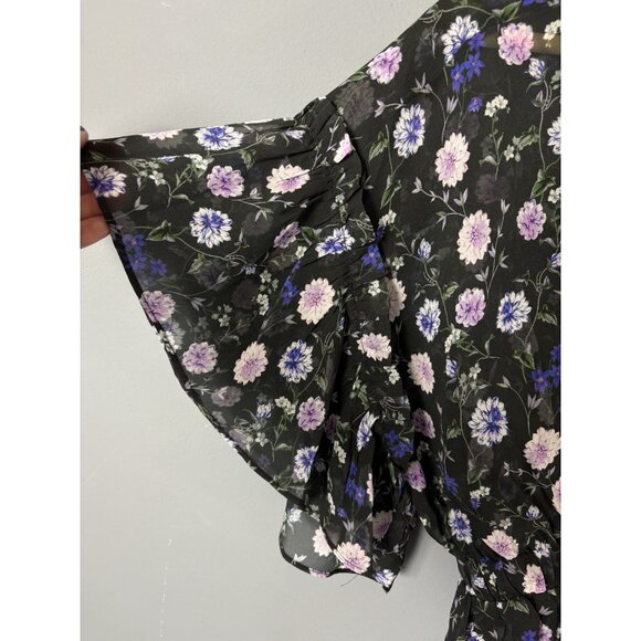 THE KOOPLES Womens Size 2 Black/Purple Peony Floral Silk Chiffon Blouse Top NEW - Picture 3 of 11